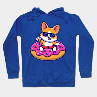 Cute Corgi Dog Floating With Doughnut Swimming Tires Cartoon Hoodie